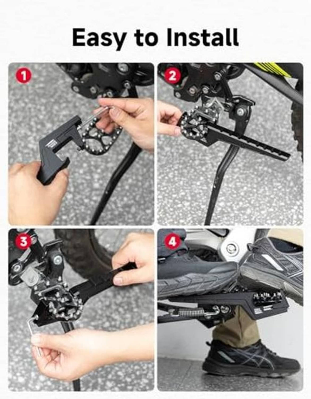 Black passenger footpeg install steps showing hand mounting the bracket to the bike