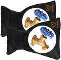 Set of two black outdoor faucet winter covers with circular valve openings and logos