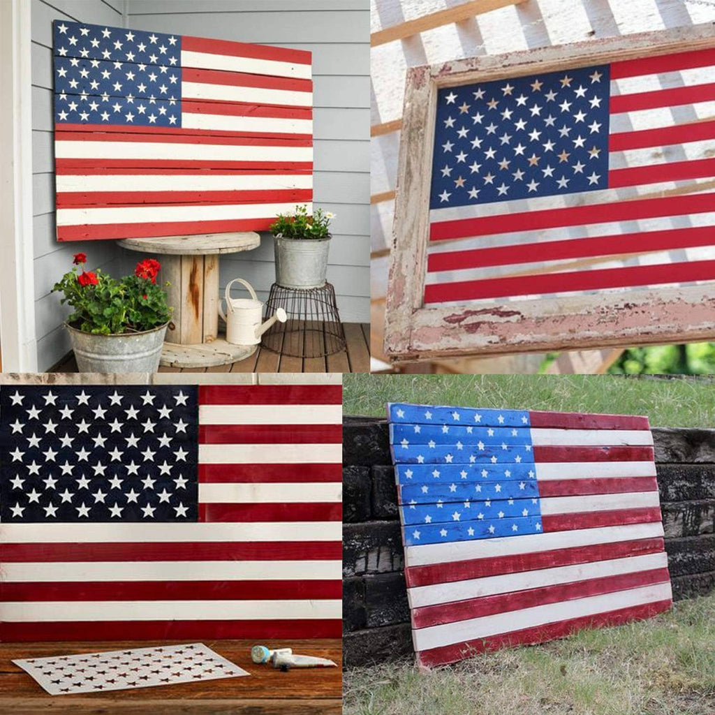 American flag star-and-stripe designs on wooden panels from stencils