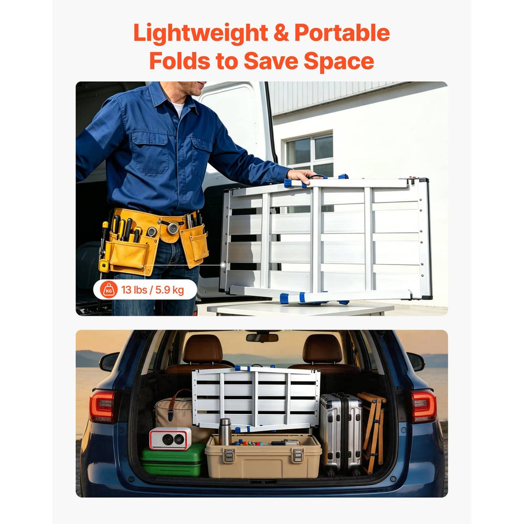 Folded portable work platform with latch, aluminum frame and blue foot pads