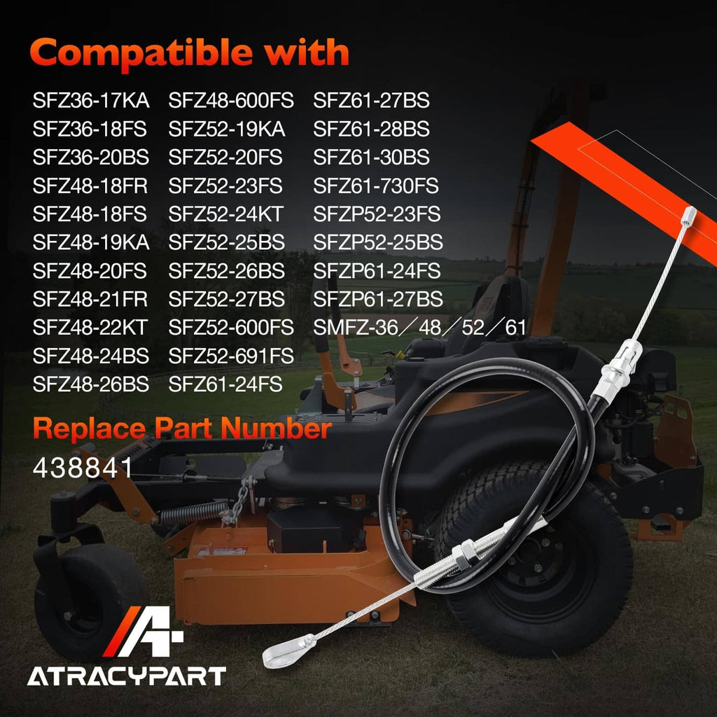 Lawn mower deck lift cable assembly with black cable and two metal attachment ends