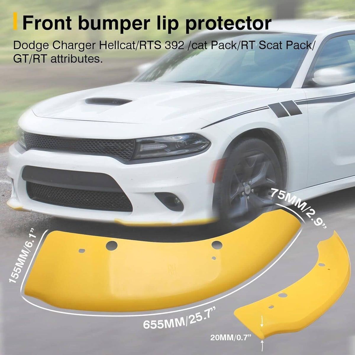 Yellow front bumper lip protector set for the lower front splitter, with mounting holes