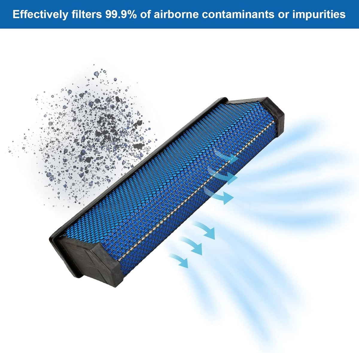 Engine air filter with blue mesh media in black frame