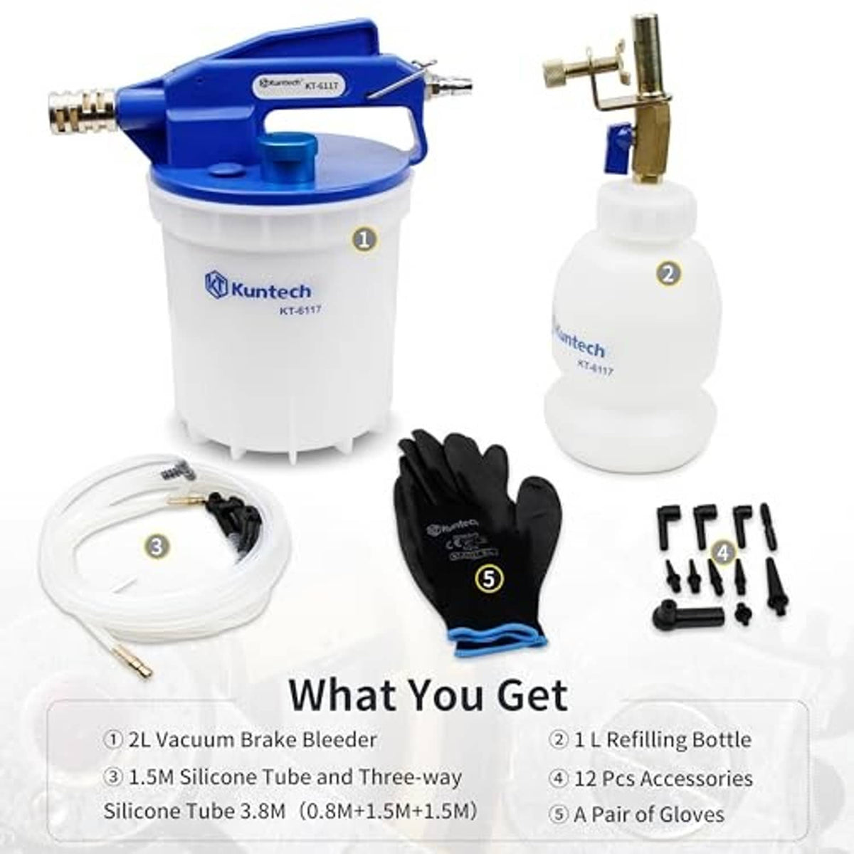 Vacuum brake bleeder kit components laid out: blue pump, refill bottle, gloves, and fittings
