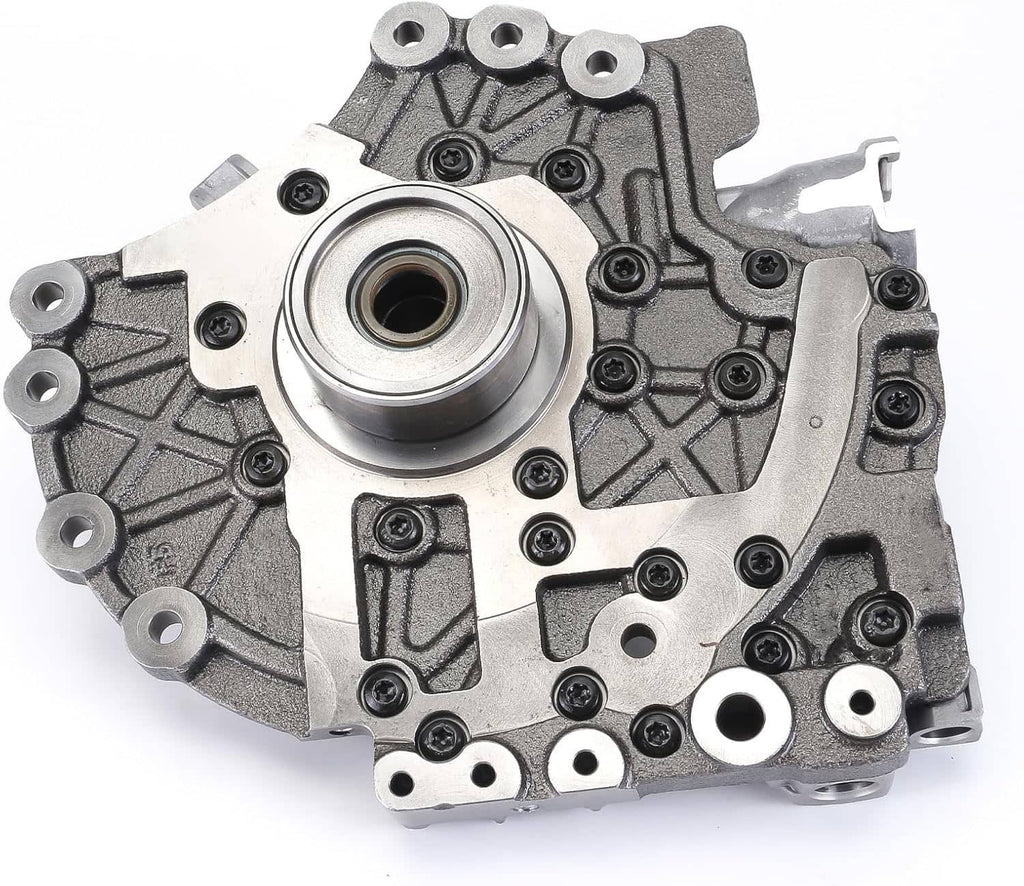 Transmission pump assembly with round bearing seat and metal housing, front view