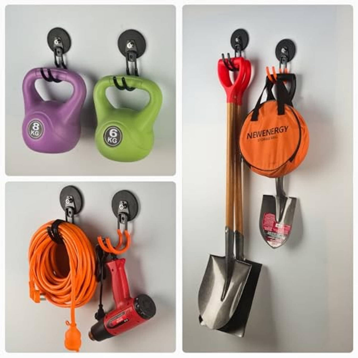 Black magnetic hooks holding orange and red garden tools and purple items