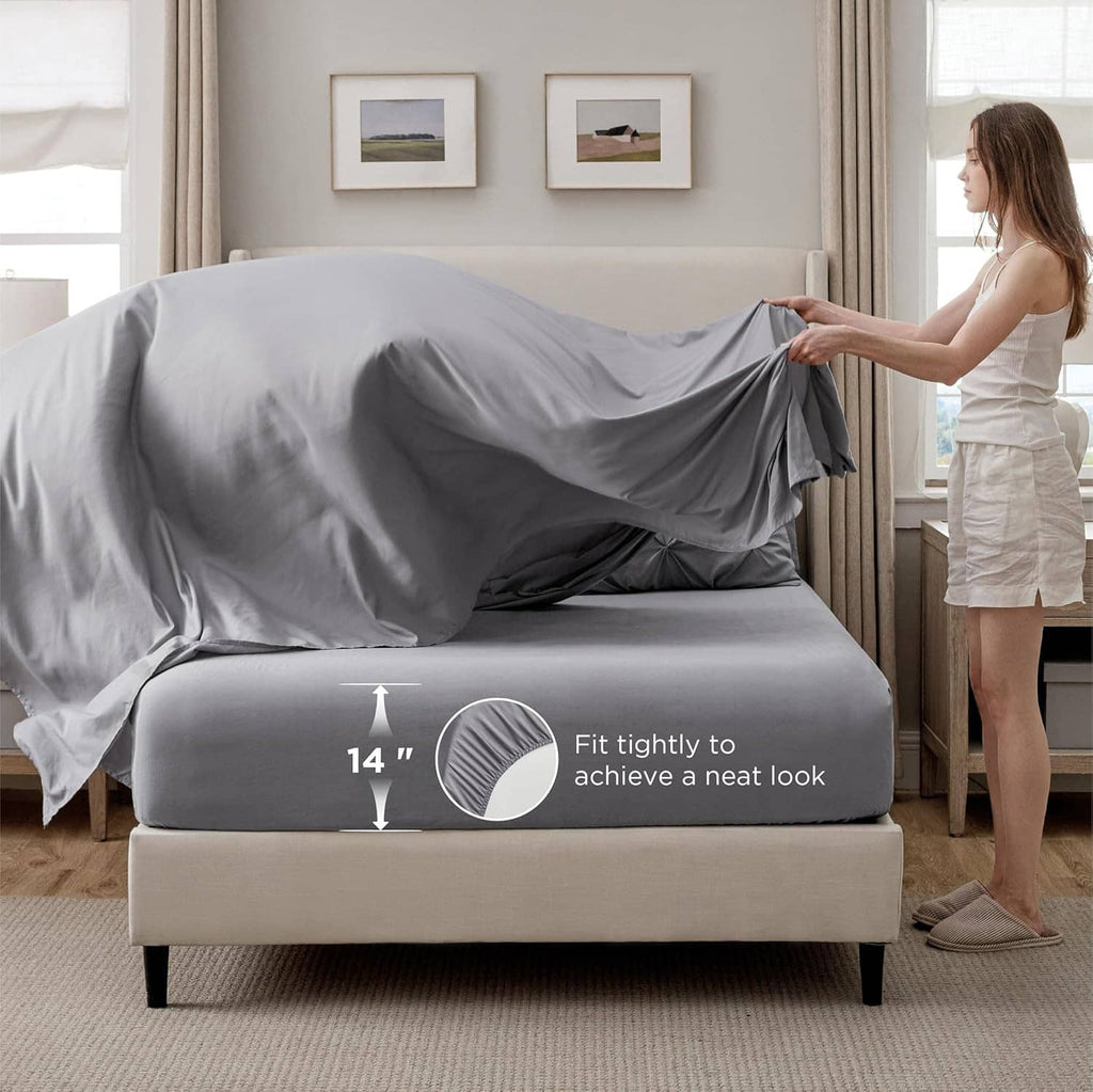 Grey comforter set for queen bed with quilted pinch-pleat texture
