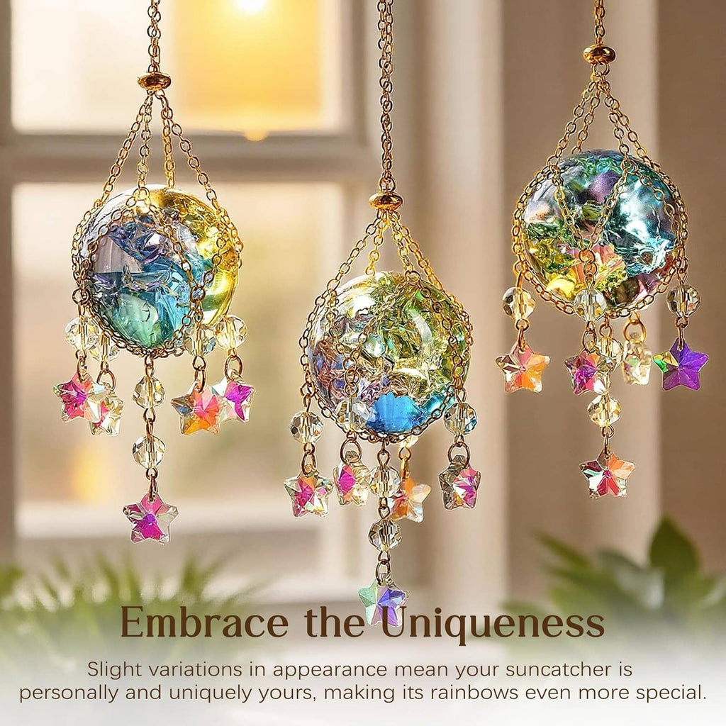 Three gold crystal honeycomb suncatchers with colorful star charms and dangling beads