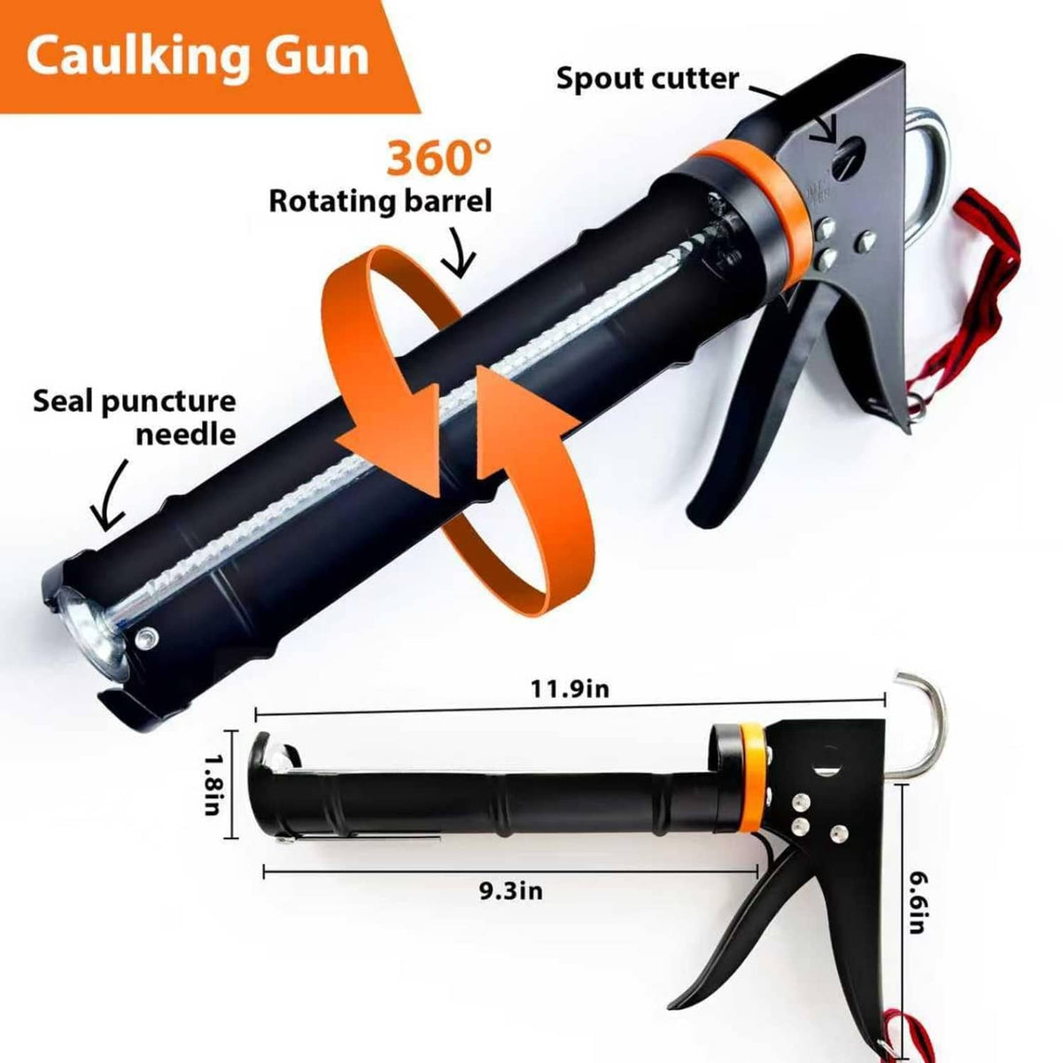Caulking gun with rotating barrel and seal-puncture needle, black with orange accents