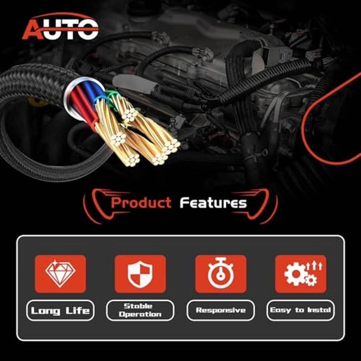 Wiring harness feature graphic with long-life, stable, responsive, and easy-install icons