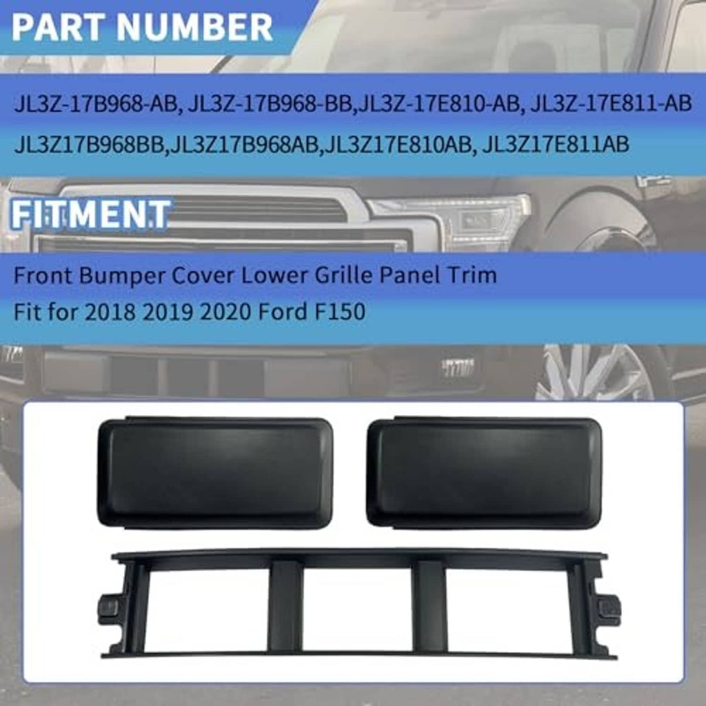 Front bumper grille trim panel set includes two dark rectangular pads and insert frame