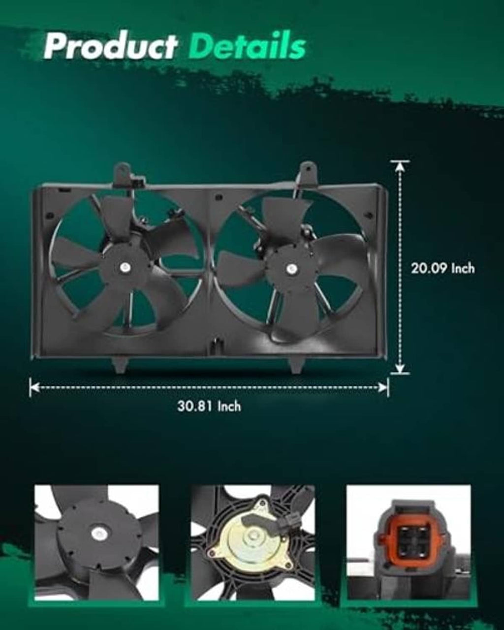 Dual radiator condenser fan assembly with fan size dimensions shown.