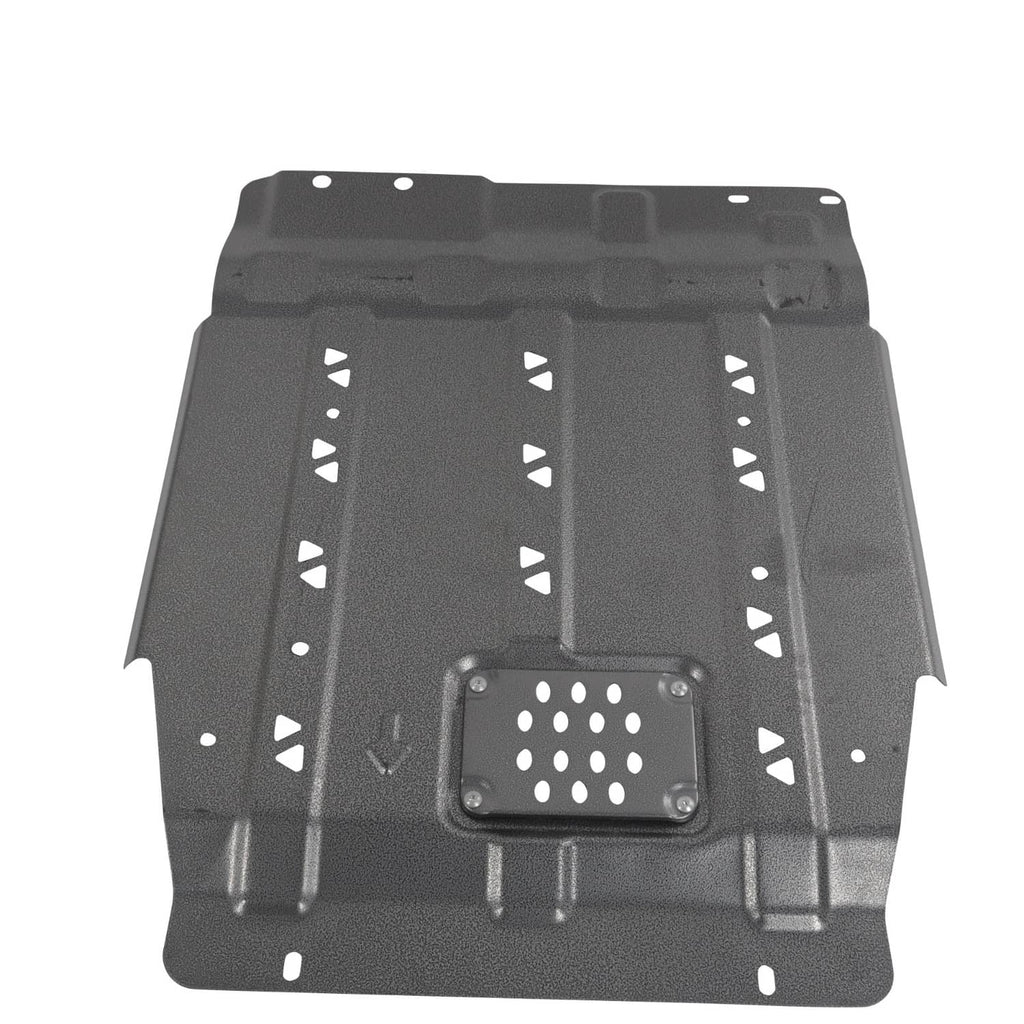 Black skid plate top view with perforated access panel and triangular cutouts