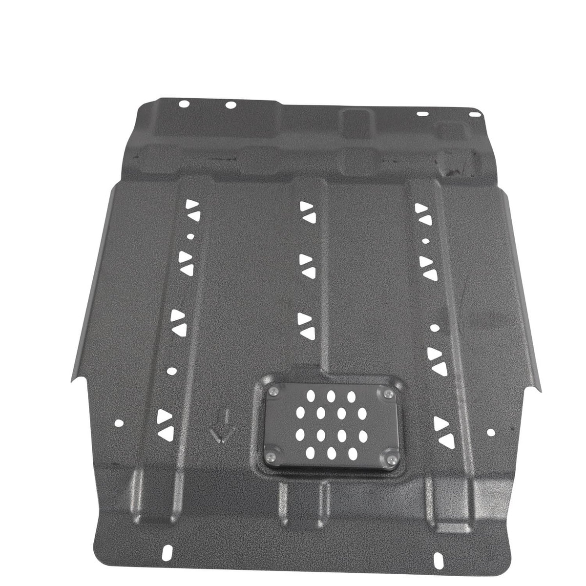 Black skid plate top view with perforated access panel and triangular cutouts