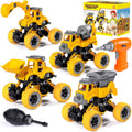 Take-apart construction vehicle toy set with four yellow and orange vehicles and drill parts