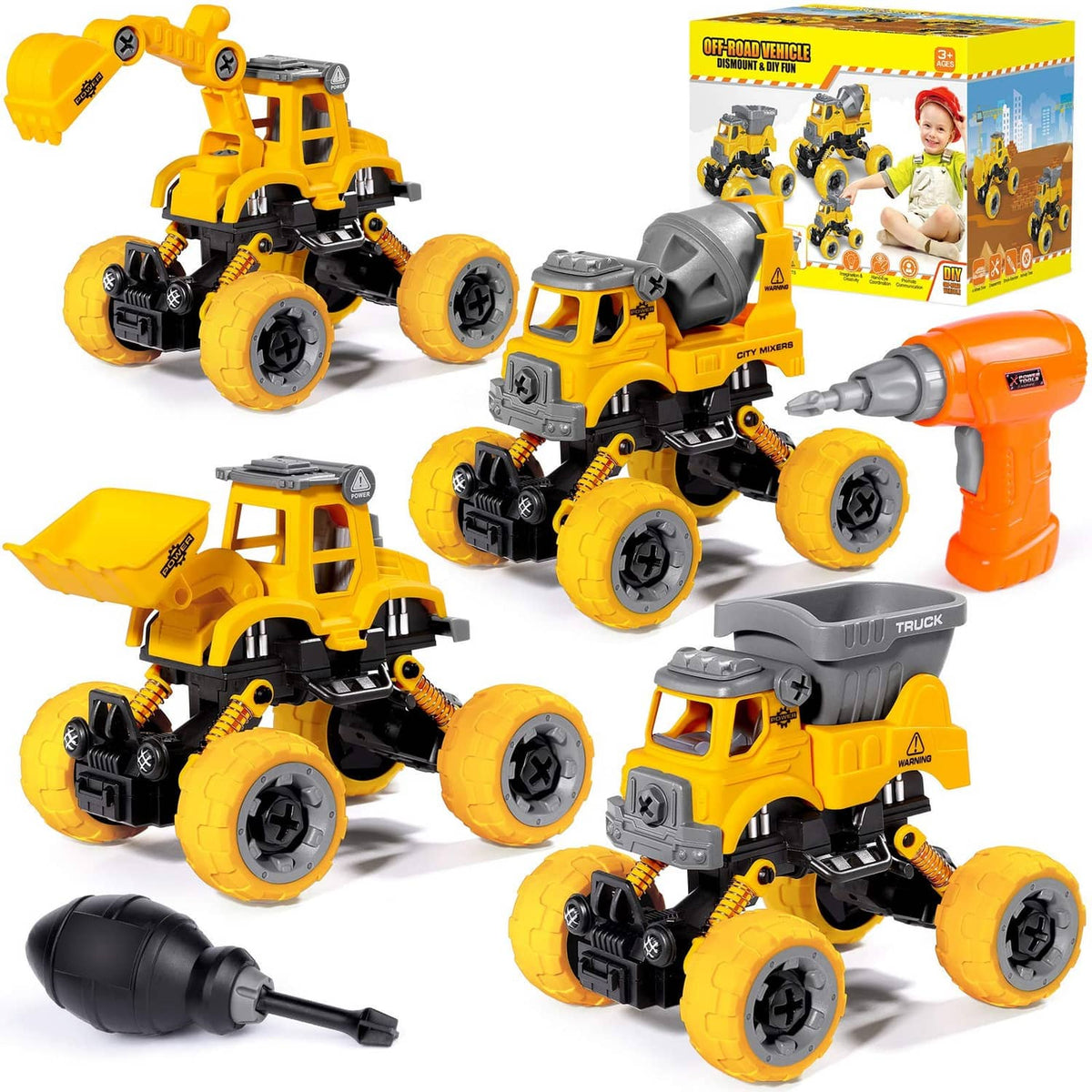 Take-apart construction vehicle toy set with four yellow and orange vehicles and drill parts