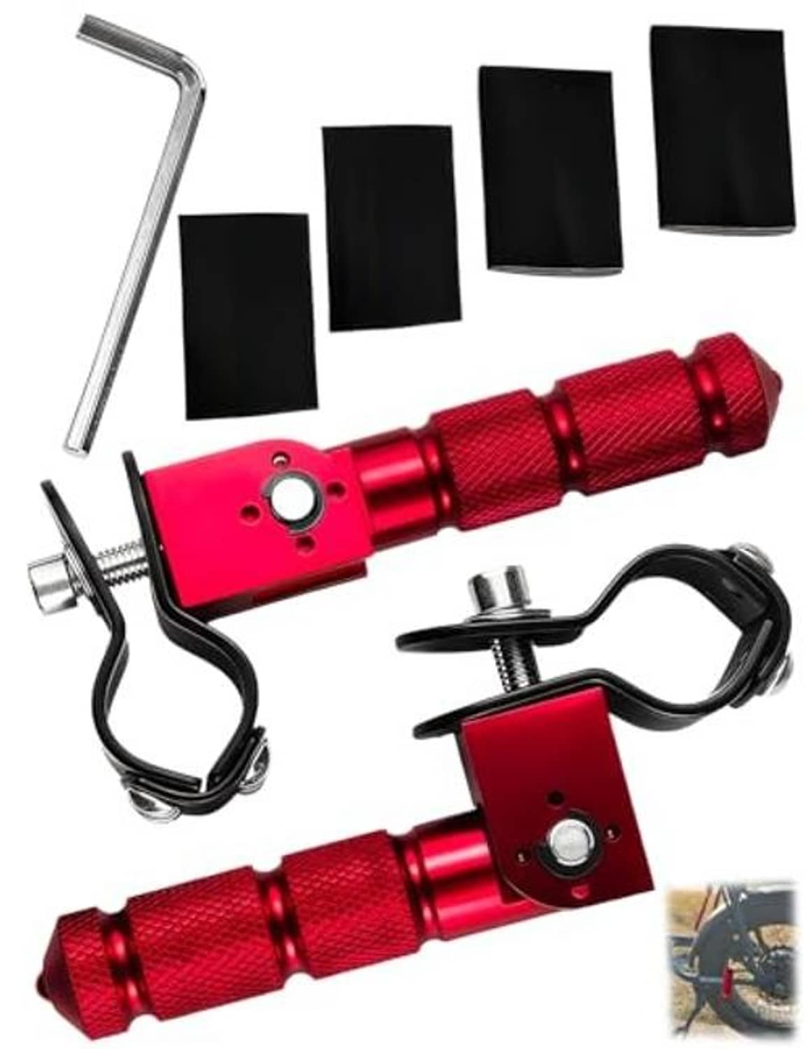 Red folding footpeg with black spring bracket and metal rod, rearsets kit