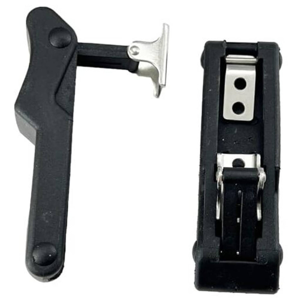 Black storage rack latch with metal fixing bracket, two-piece set