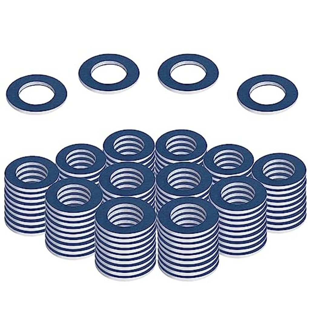 Blue oil drain plug crush washer gaskets, mixed stack of circular rings