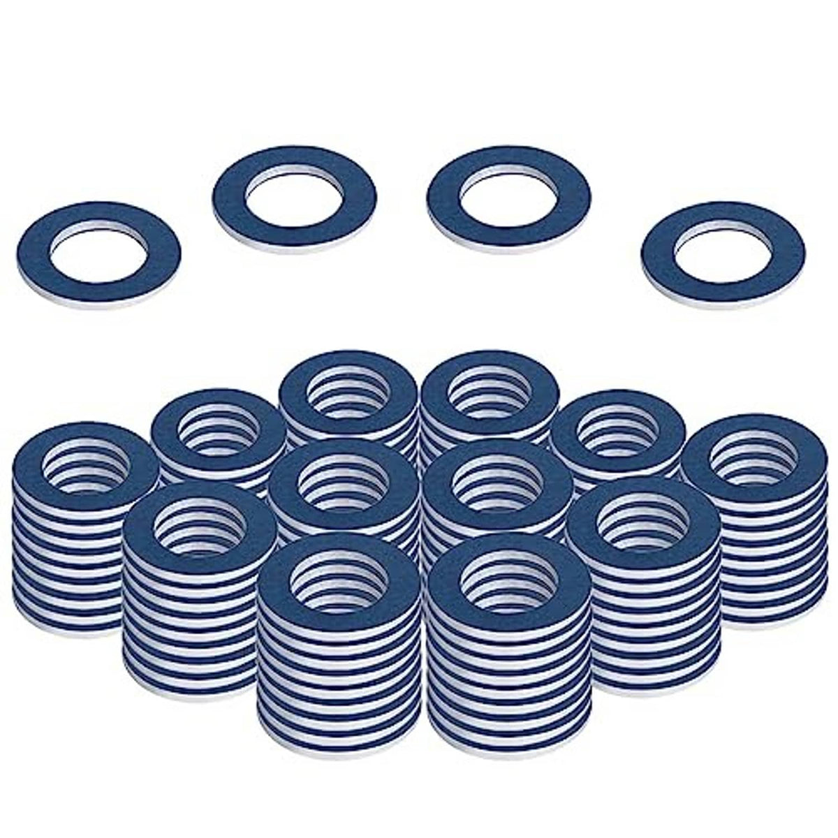 Blue oil drain plug crush washer gaskets, mixed stack of circular rings