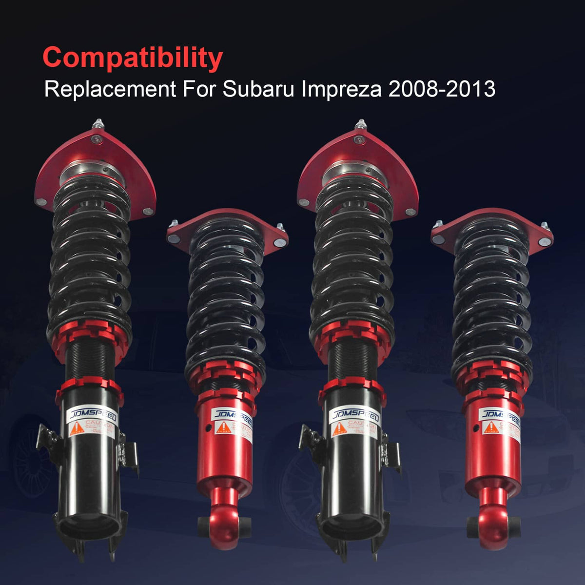 Four-piece coilover strut set with red top mounts, black spring coils, and shock bodies