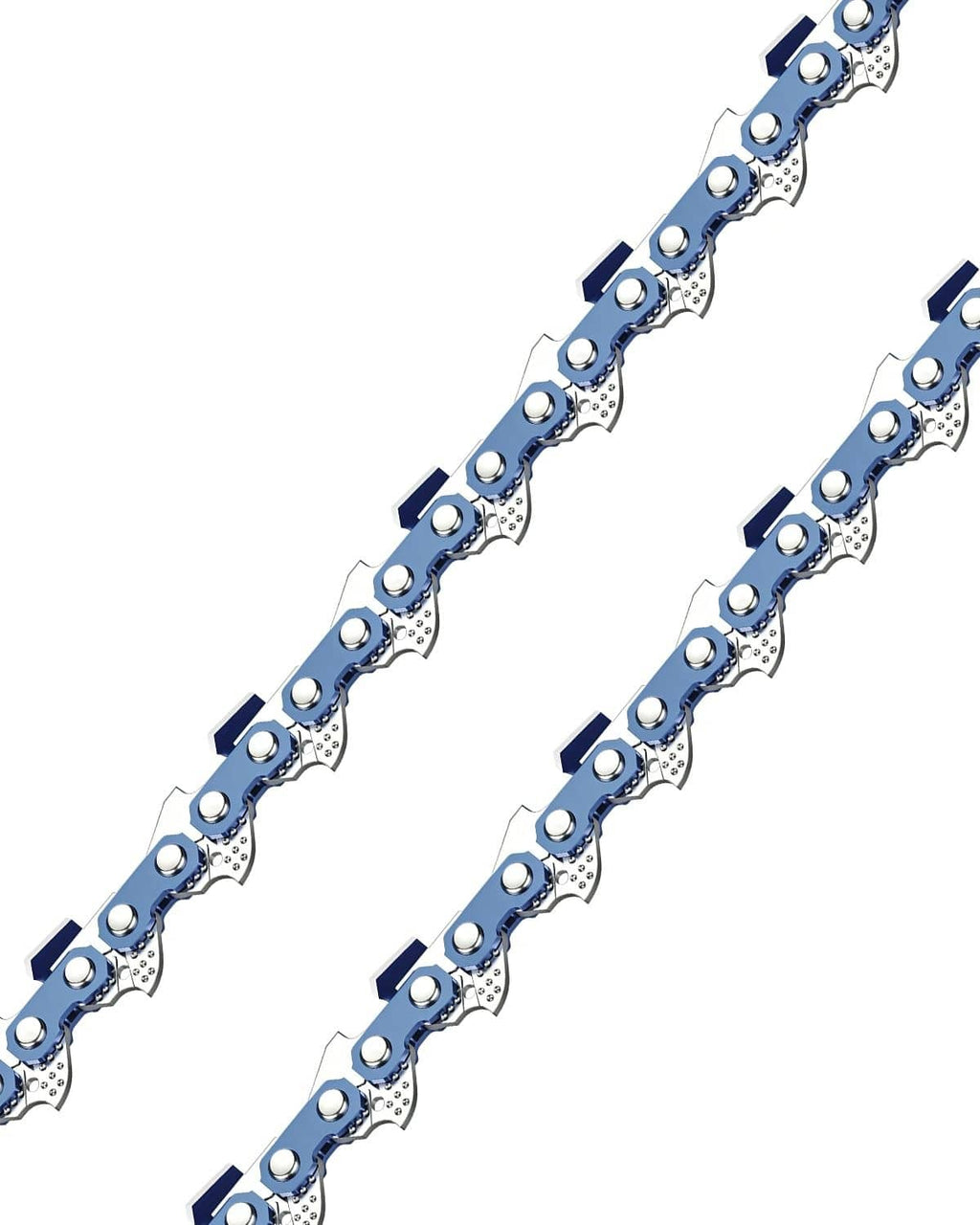 Close-up of two blue chainsaw chain sections with silver cutters and drive links