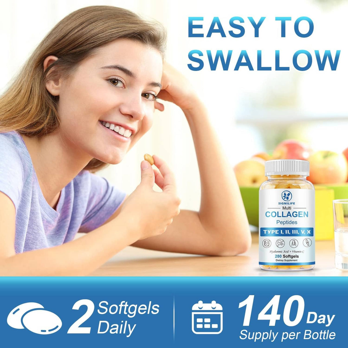 Collagen peptides bottle with easy to swallow and daily use graphic