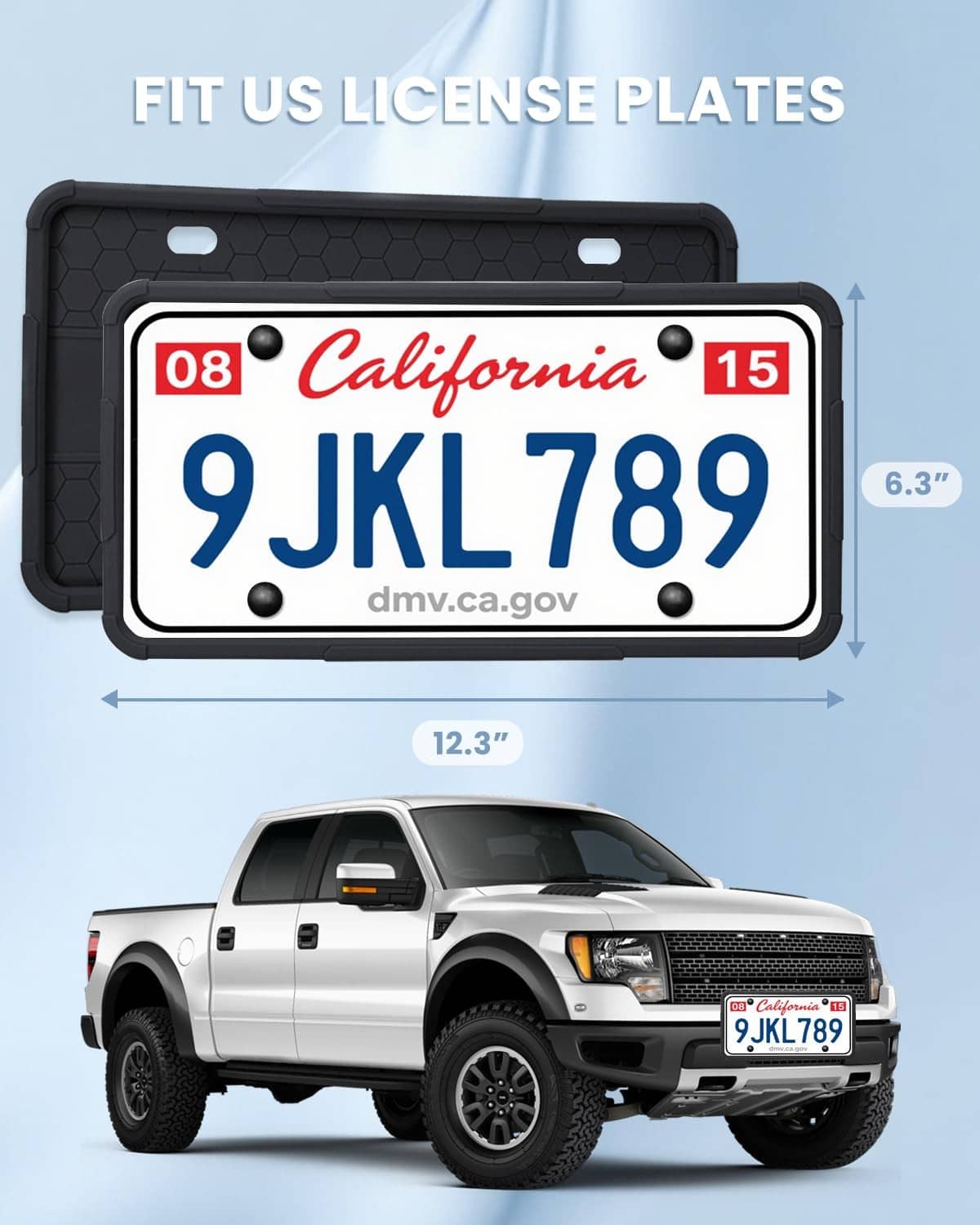 Black silicone license plate frames with hex pattern border and mounting holes