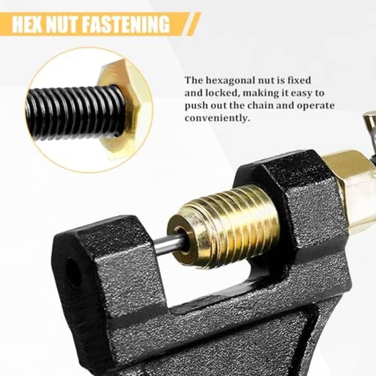 Chain breaker hex nut fastener with gold threaded shaft in black tool head