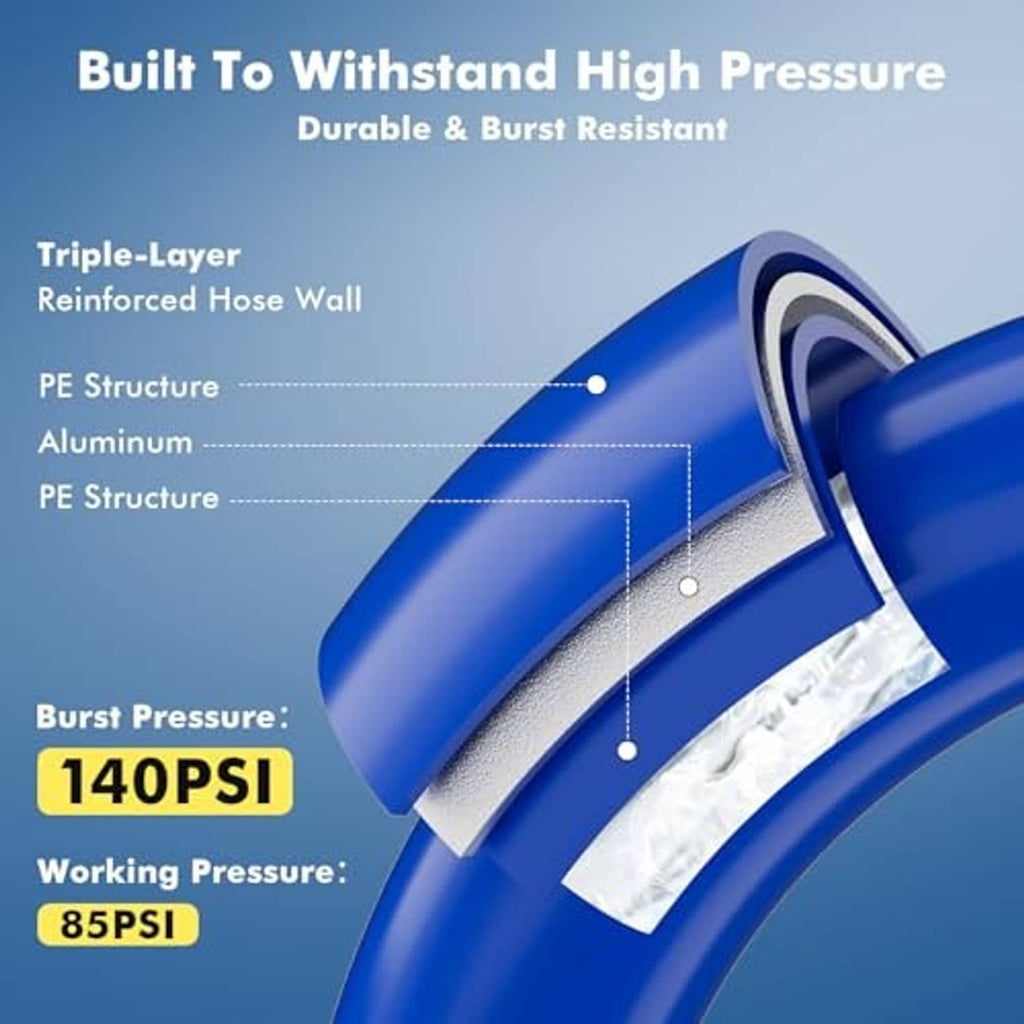 High-pressure outdoor misting hose with blue reinforced triple-layer wall section