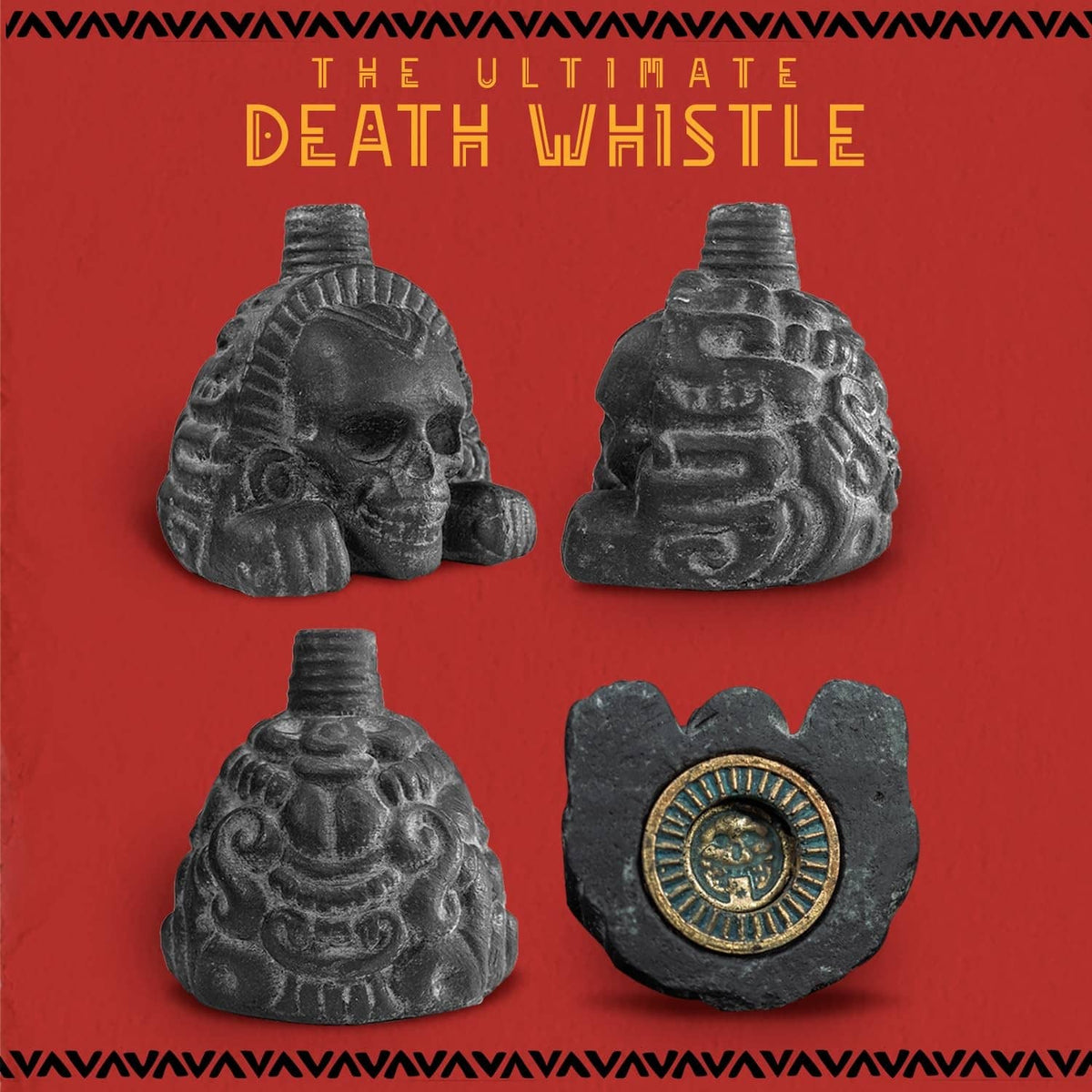 Obsidian-black death whistle shown from multiple angles, including a back emblem view.