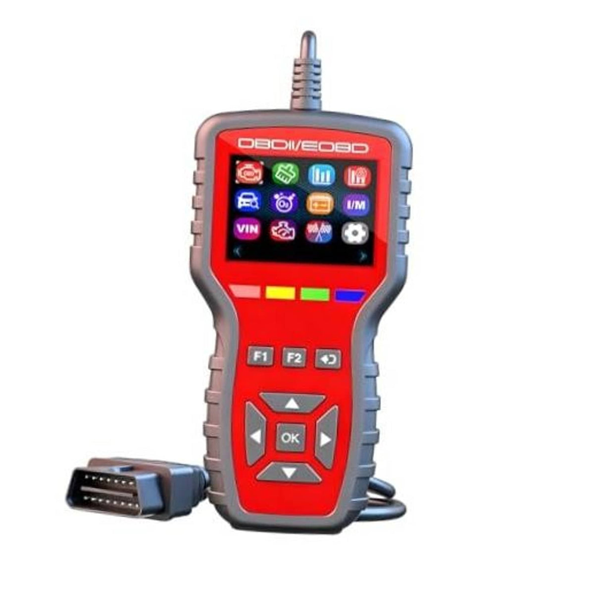 Handheld OBD2 scanner with red screen, colored icons, and multi-button keypad