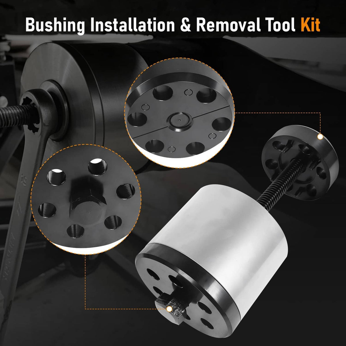 Bushing installation and removal tool kit with steel sleeve, black base plates, threaded rod
