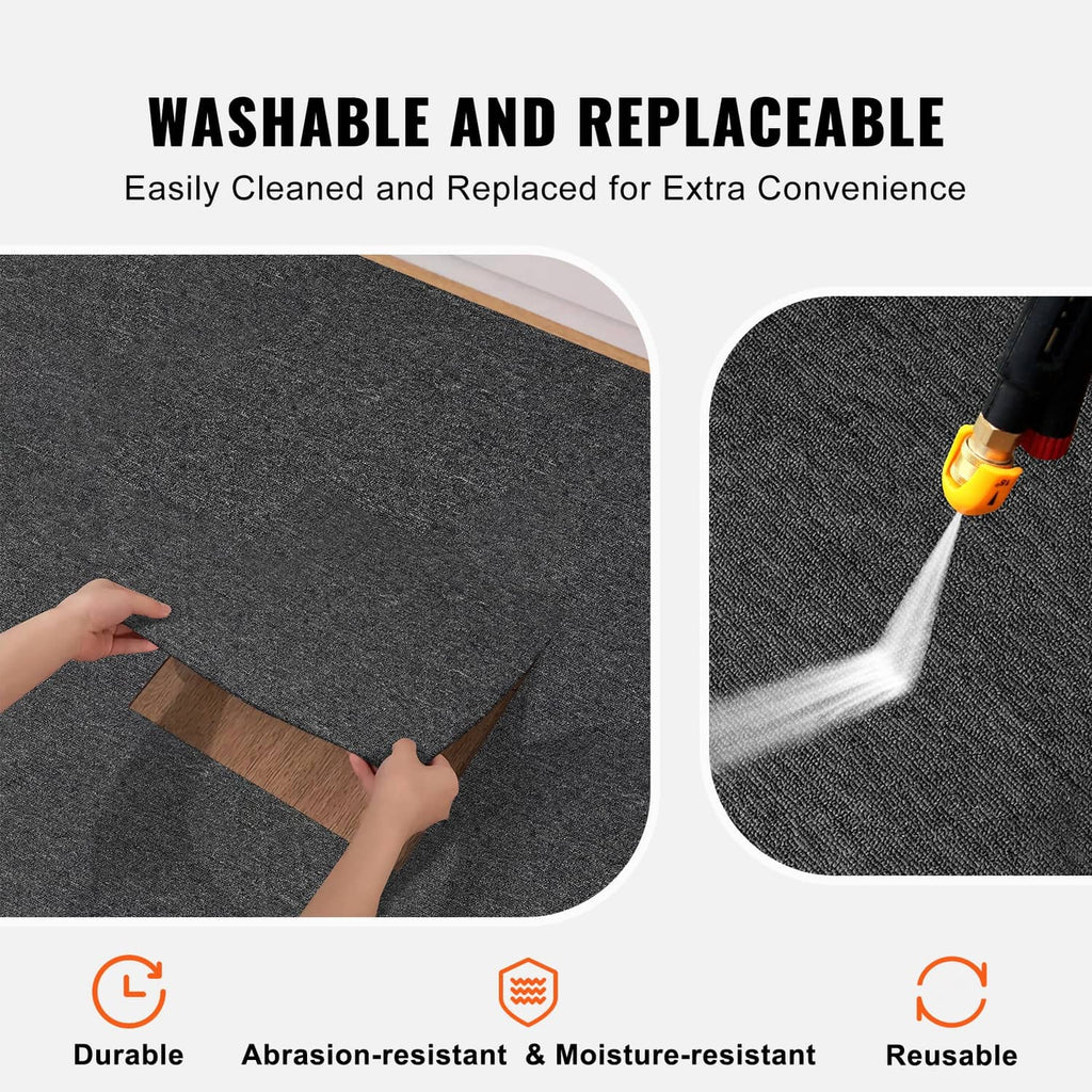 Dark gray carpet tile being adjusted and shown with washable, reusable style icons