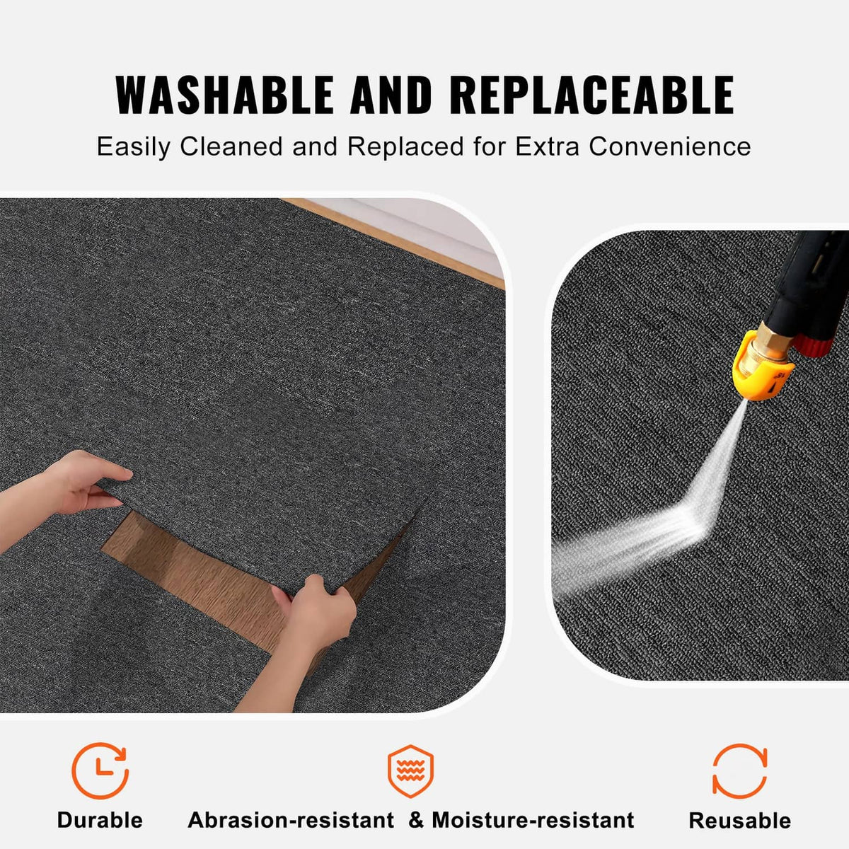 Dark gray carpet tile being adjusted and shown with washable, reusable style icons