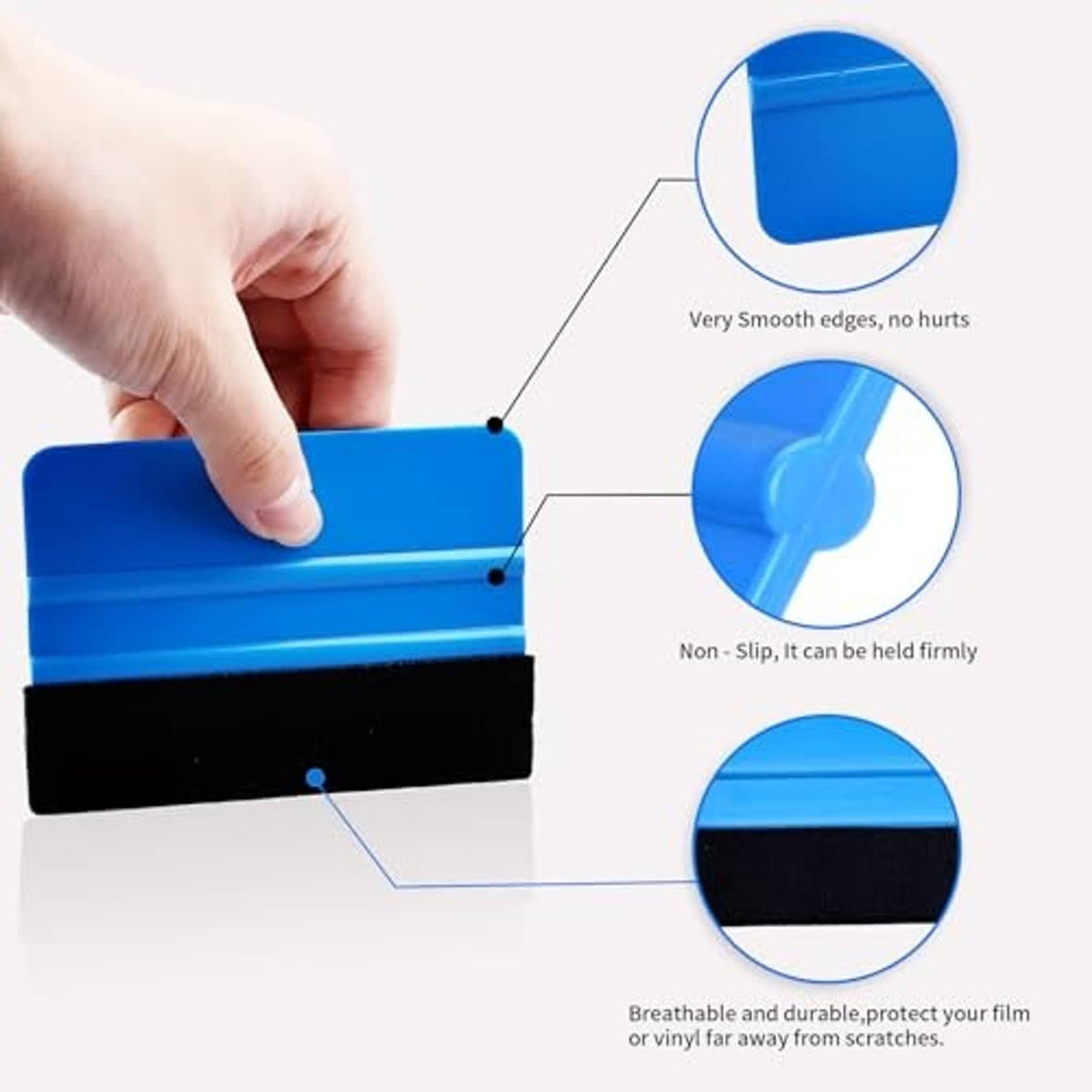 Blue vinyl wrap squeegee with black felt edge, grip shown for smoothing film