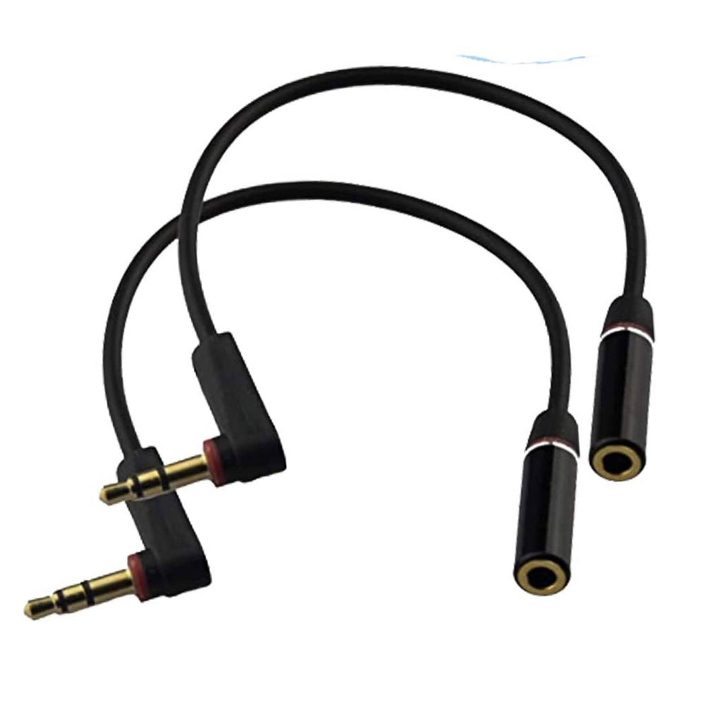 Short black 3.5mm audio extension cord, right-angle male and female connectors.