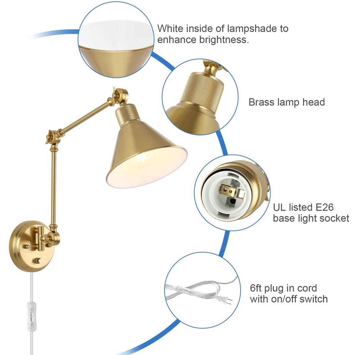 Brushed brass wall sconce with white lamp head interior, E26 socket and 6ft plug cord