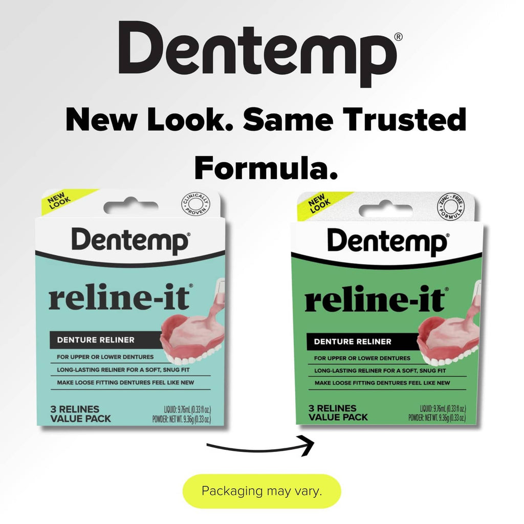 Dentemp reline-it value pack box pair, green and white packaging, 'New look' banner