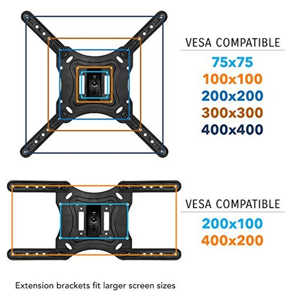 Black VESA TV wall mount bracket with four mounting holes and extension base