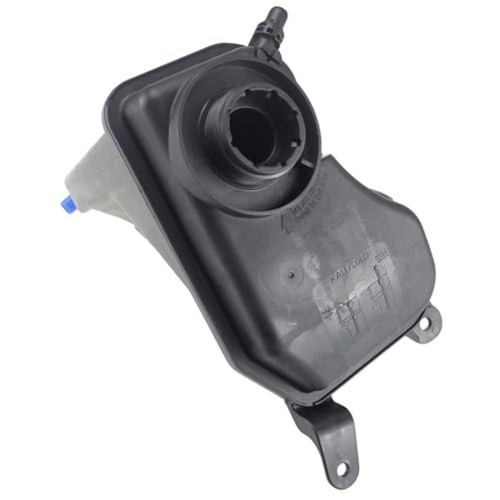 Engine coolant reservoir tank with large fill opening, black plastic with mounting holes