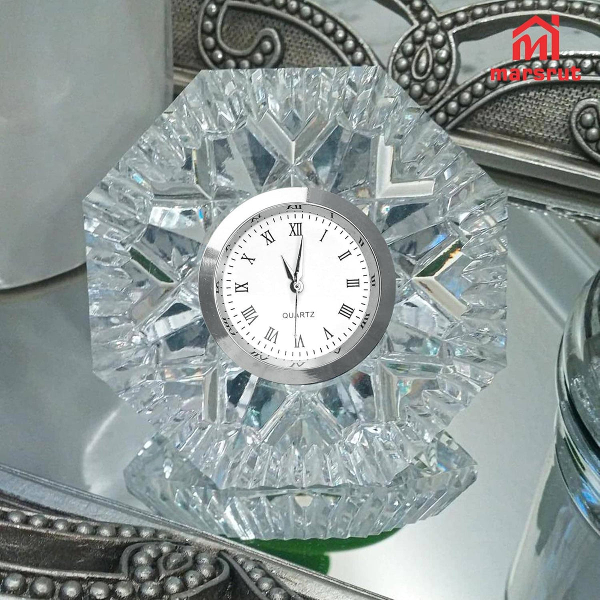 Clock face insert centered in a faceted crystal holder, silver bezel, white Roman dial