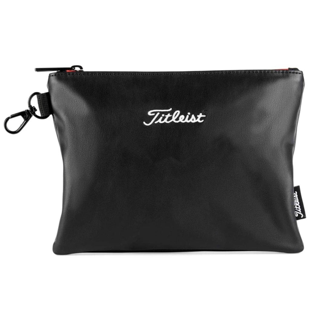 Titleist black zippered golf pouch with logo, front view, key-ring clip