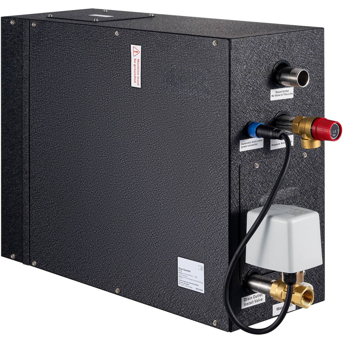Black steam generator sauna unit with side connections, hoses, and white drain reservoir