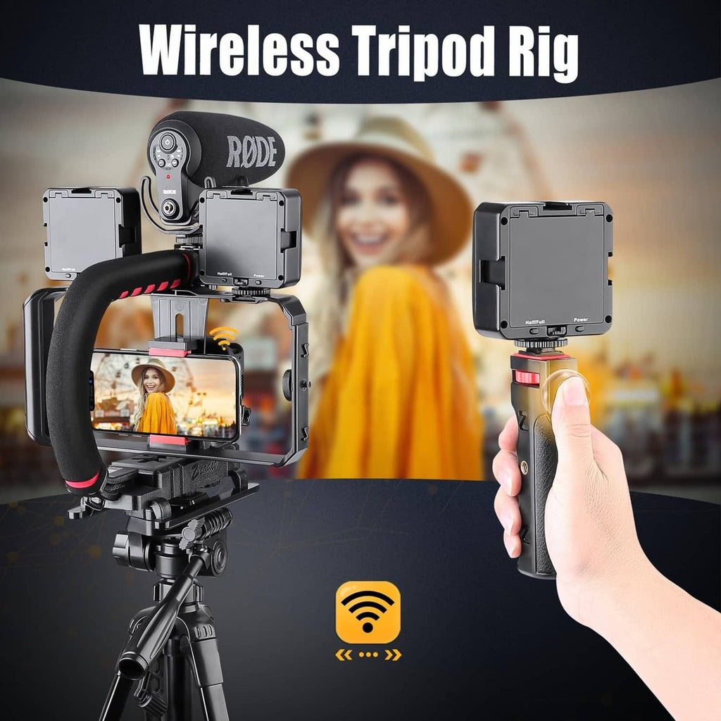 Black wireless tripod rig with phone screen and cold-shoe accessory mounts