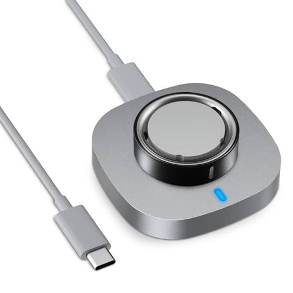 Charging dock for Aura ring 4 with centered round cradle and blue indicator light