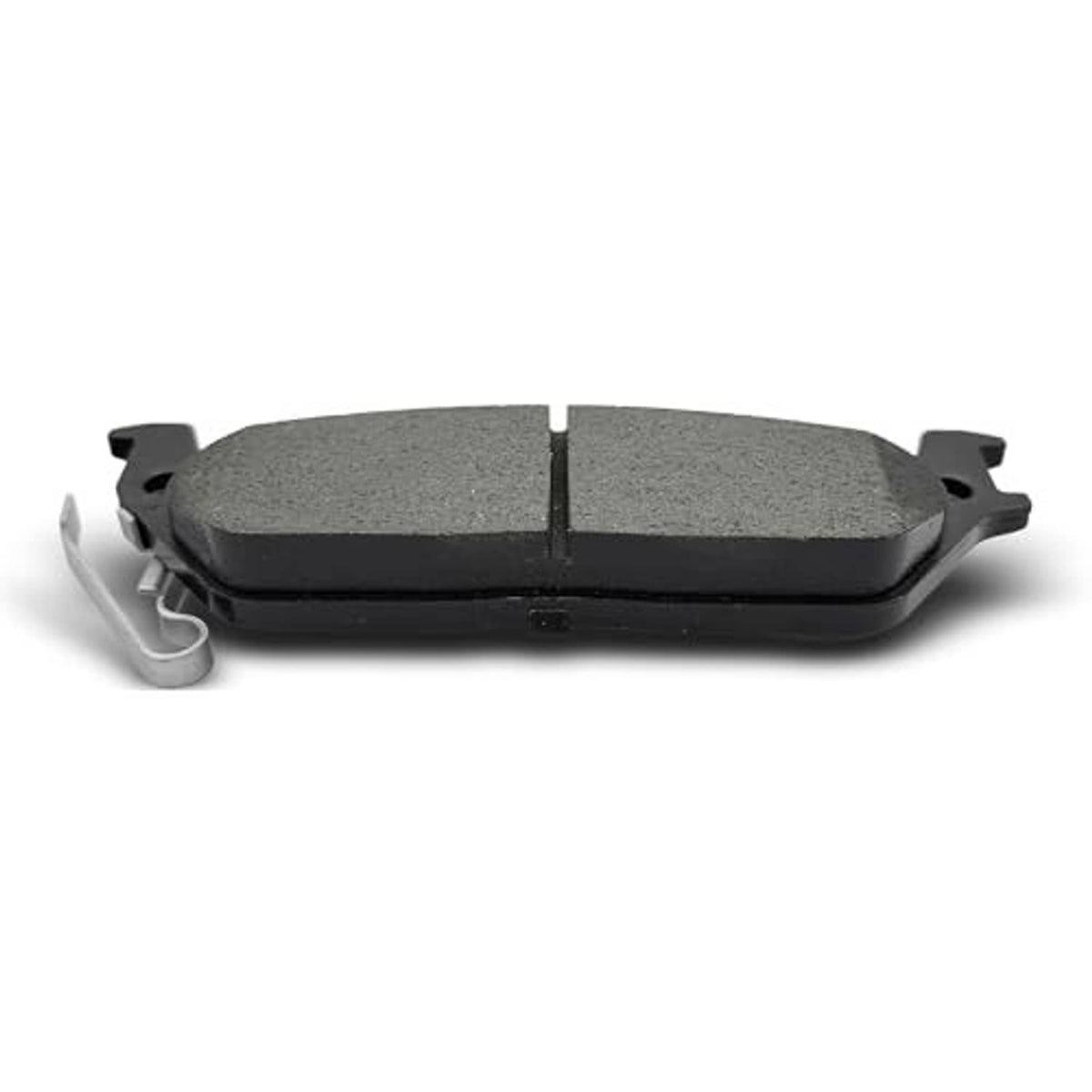 Ceramic brake pads with gray friction faces and metal spring clips, front view