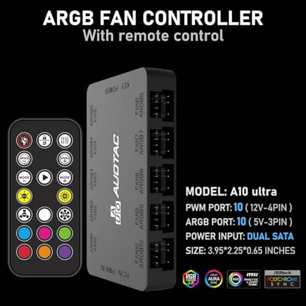 Black ARGB PWM fan hub with 10x PWM and 10x ARGB port layout and included remote