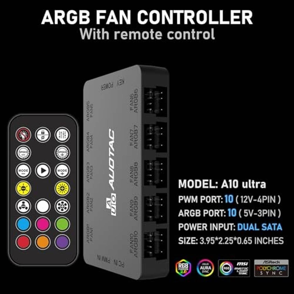 Black ARGB PWM fan hub with 10x PWM and 10x ARGB port layout and included remote