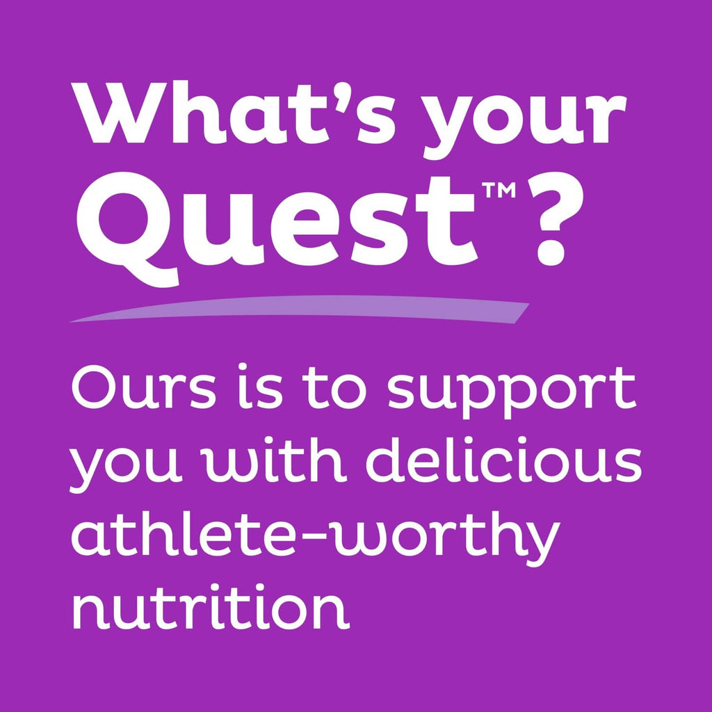 Purple branding graphic reading “What’s your Quest?” and “Delicious athlete-worthy nutrition”